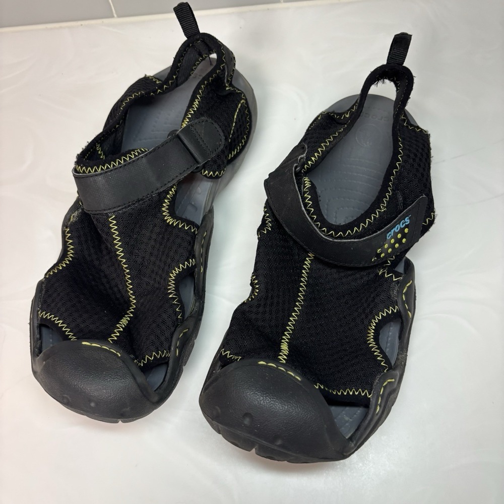 Crocs Swiftwater Mesh Deck Sandals Shoes Mens 10 Black Fisherman Water Comfort